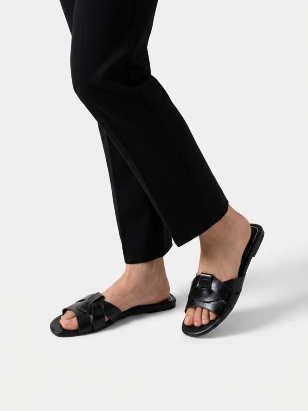Zara Black Leather Woven Slide Mules